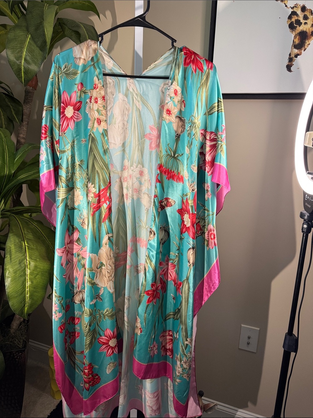 Beautiful Floral Satin Kimono Robe - Aqua & Pink One size